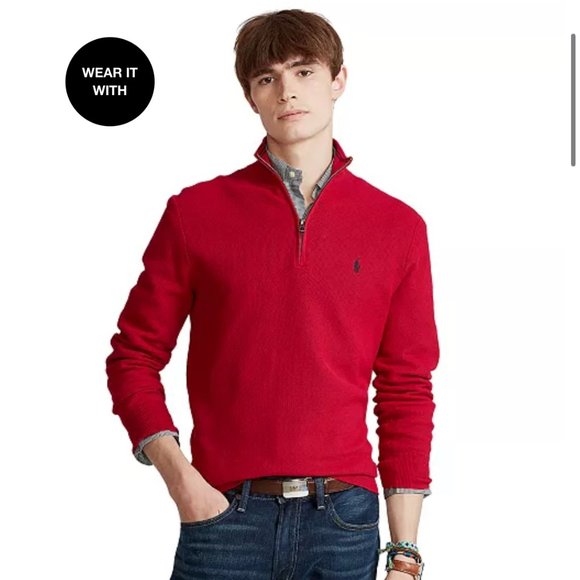 Polo Ralph Lauren Men's Cotton Quarter-Zip Sweater- Park Avenue Red- Size Medium - Picture 1 of 4